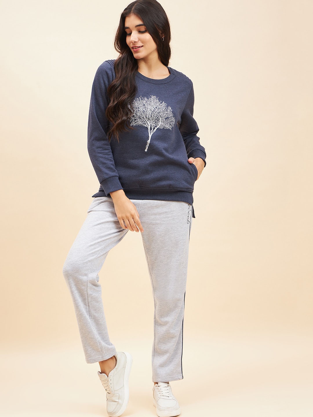 

ETC Grey & Blue Printed Round Neck Fleece Sweatshirt With Trouser