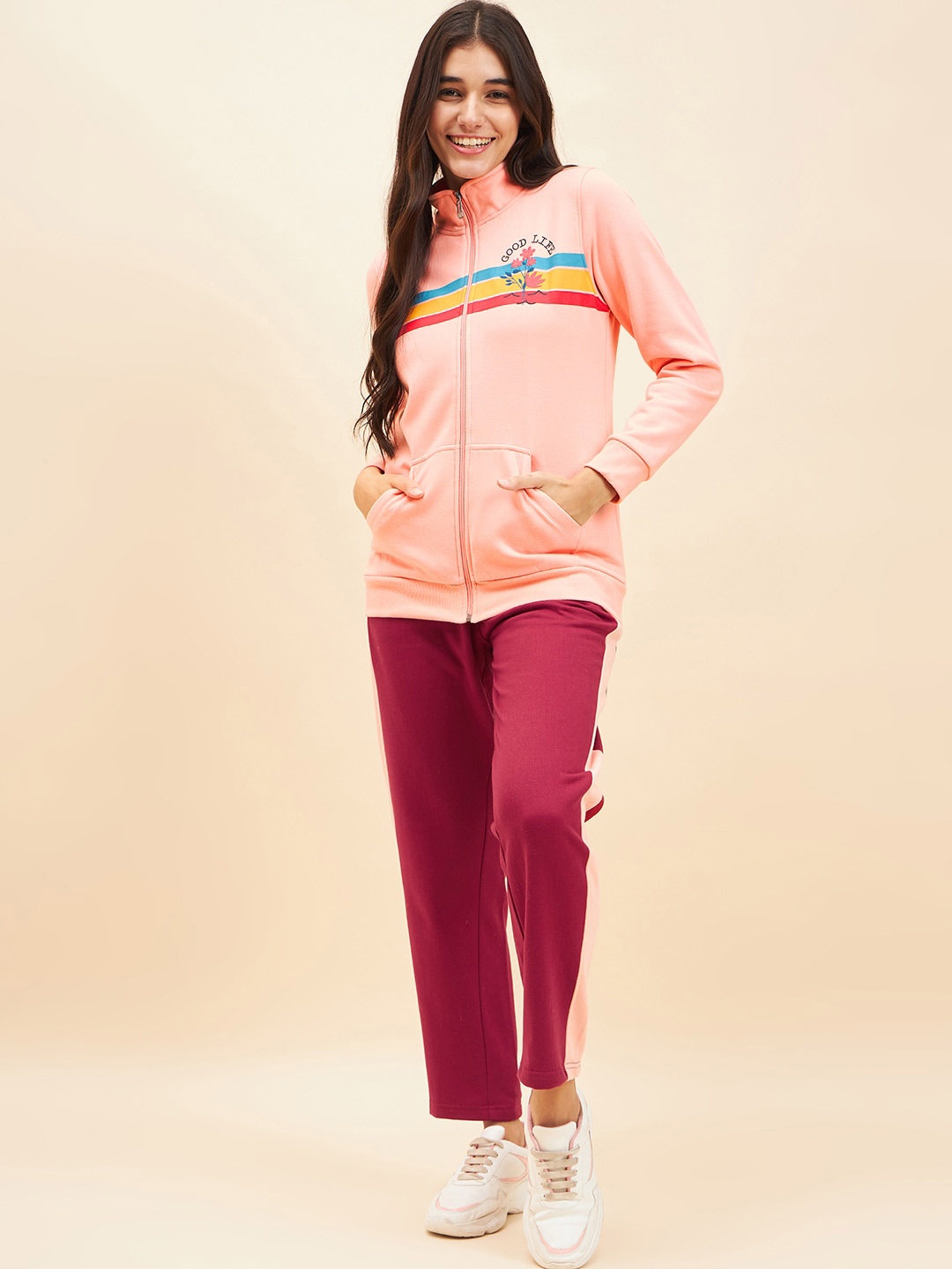 

ETC Peach Coloured & Maroon High Neck Printed Fleece Sweatshirt With Trouser