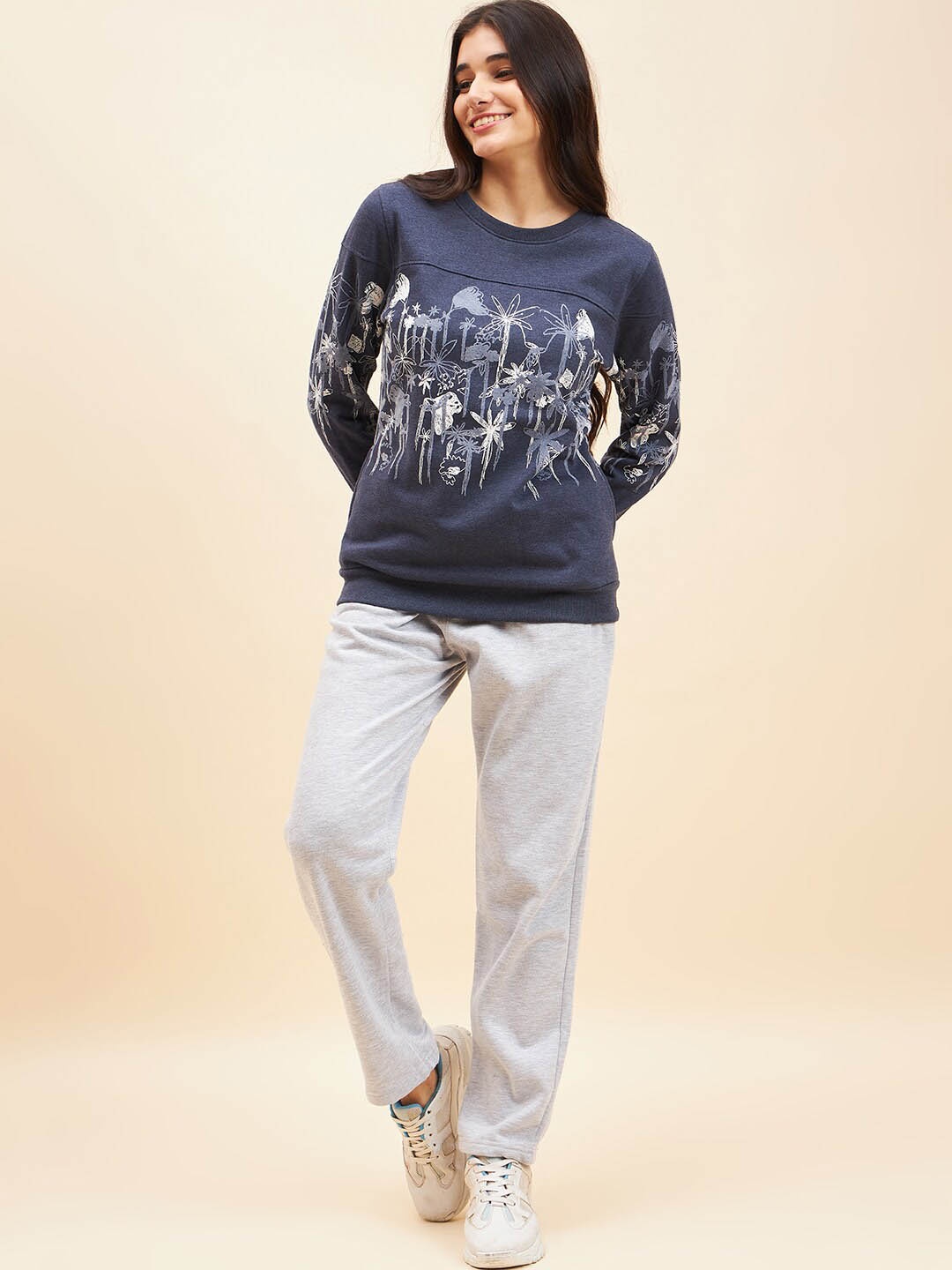 

ETC Grey & Navy Blue Printed Fleece Round Neck Sweatshirt With Flared Trouser Co-Ords