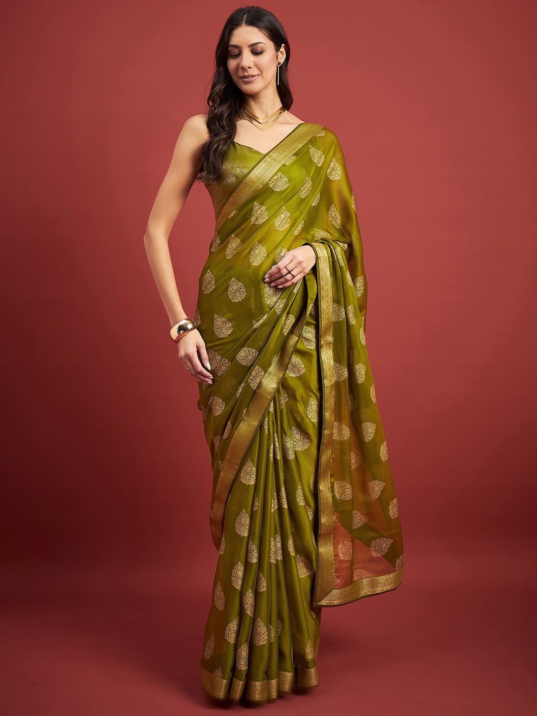 

all about you Ethnic Motifs Printed Pure Chiffon Saree, Olive