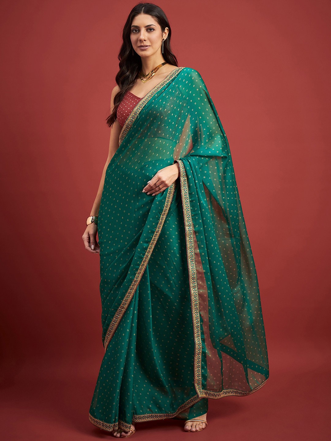 

all about you Bandhani Printed Pure Chiffon Designer Bandhani Saree, Green
