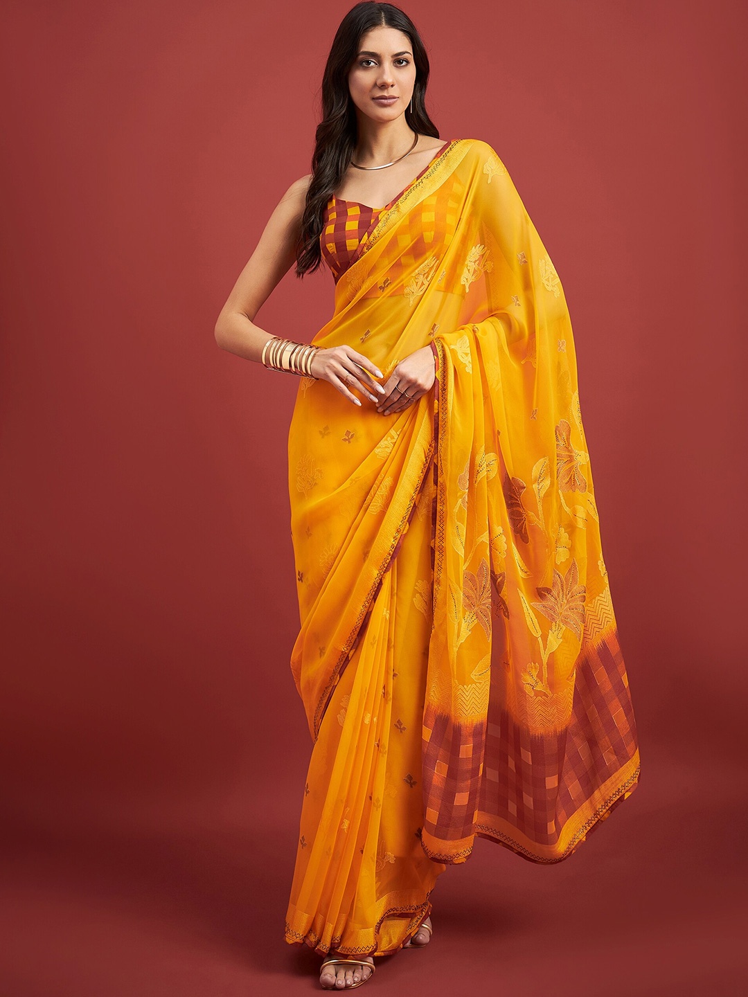 

all about you Floral Brasso Designer Saree, Yellow