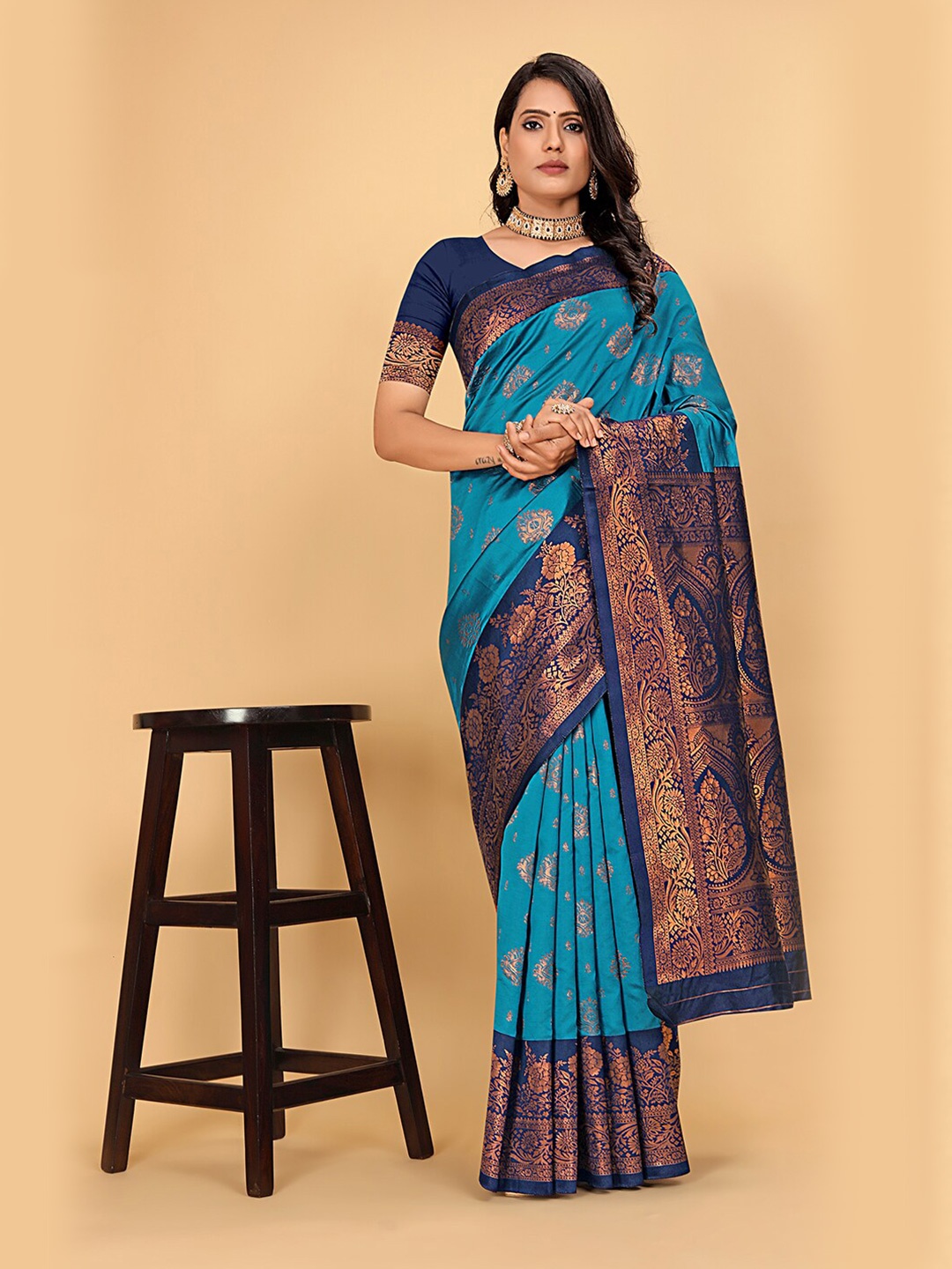 

Pionex Woven Design Pure Silk Zari Kanjeevaram Saree, Blue