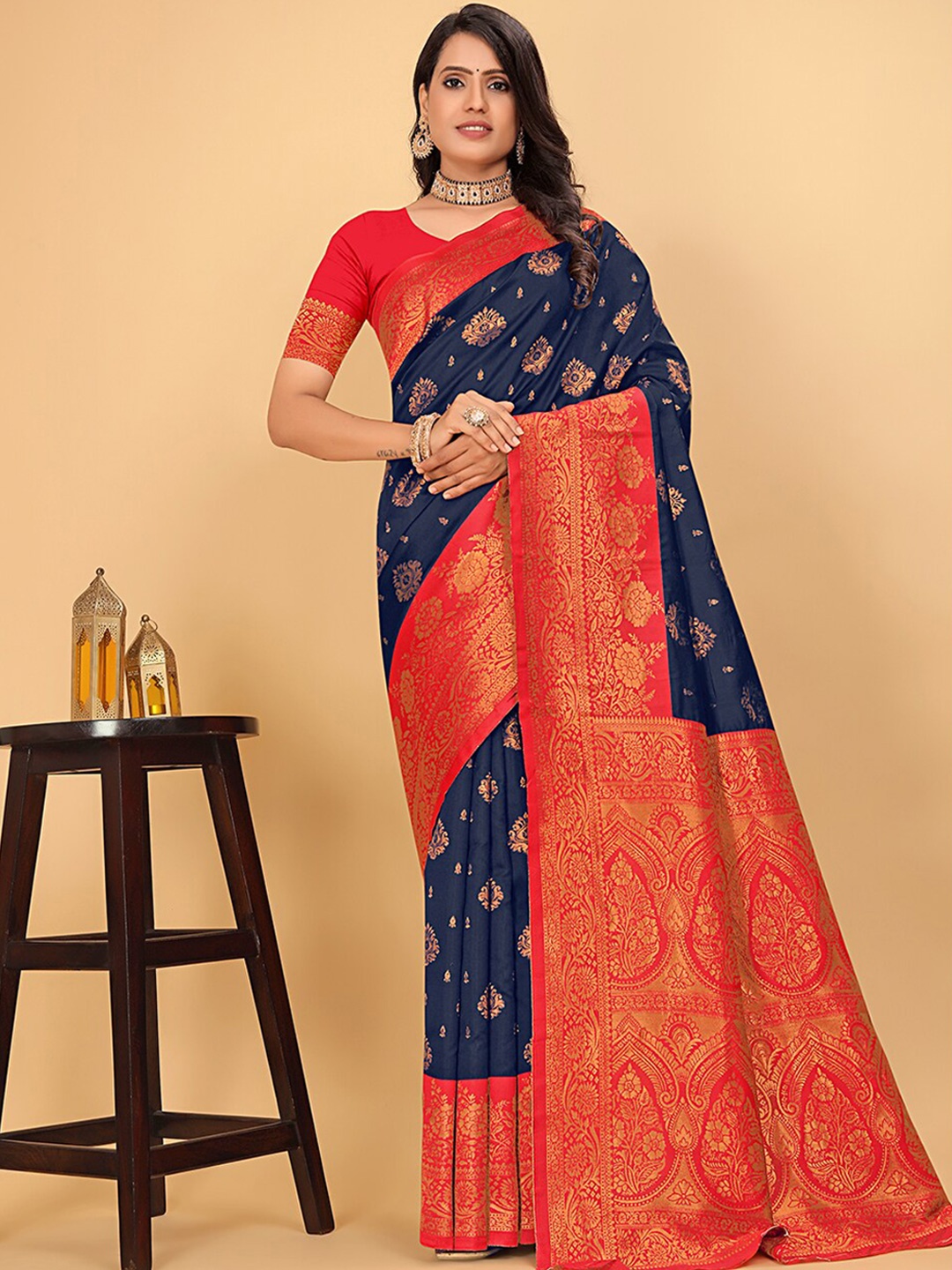 

Pionex Woven Design Zari Pure Silk Kanjeevaram Saree, Blue