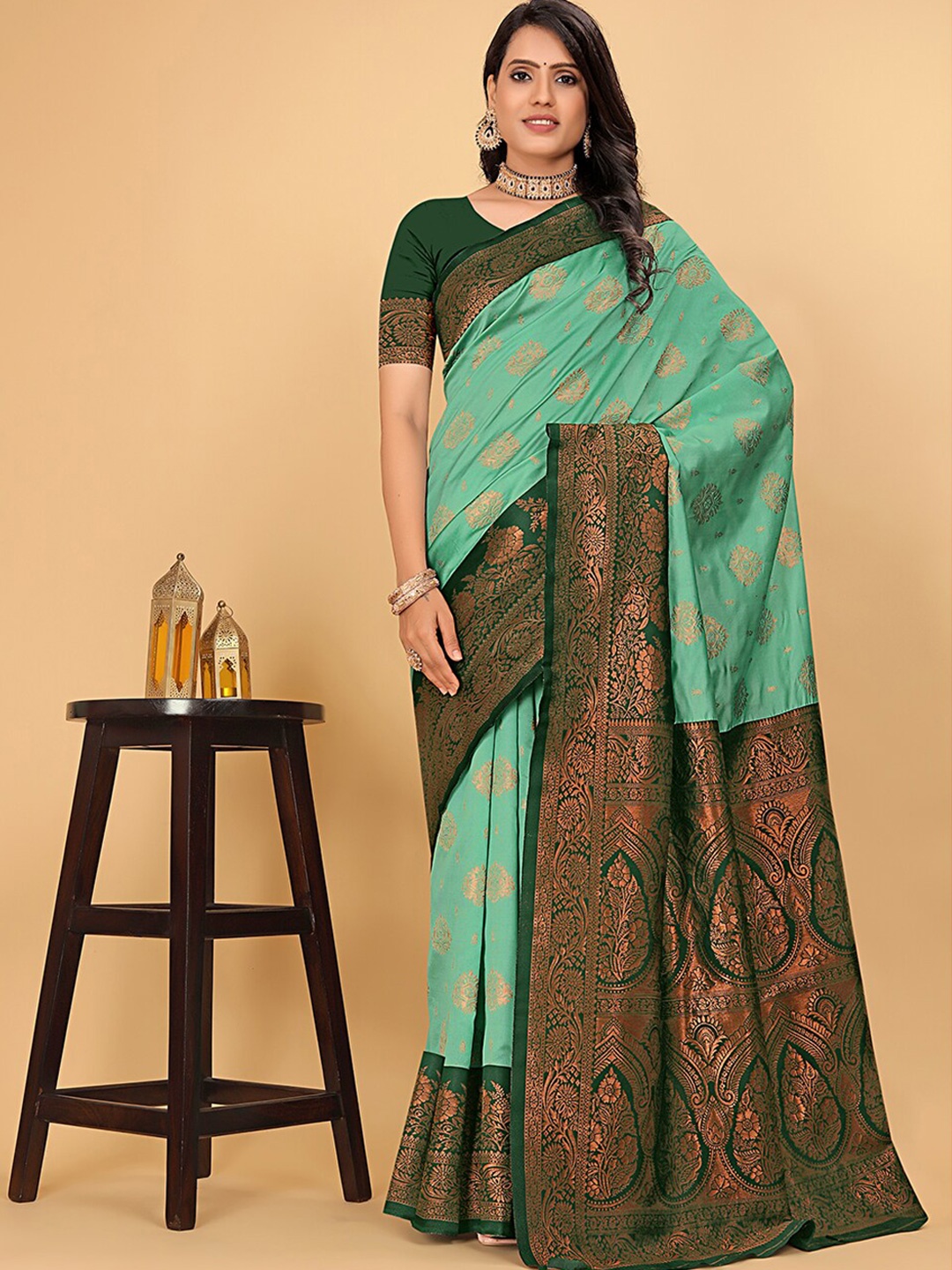 

Pionex Woven Design Ethnic Motifs Zari Pure Silk Kanjeevaram Saree, Sea green