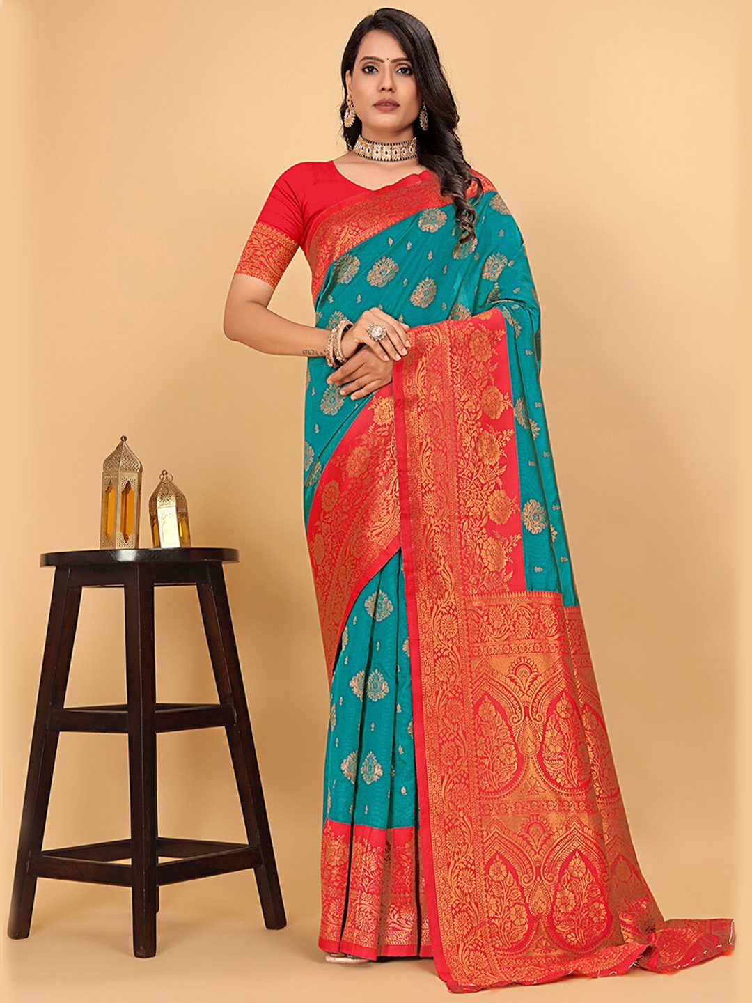 

Pionex Woven Design Pure Silk Zari Kanjeevaram Saree, Teal