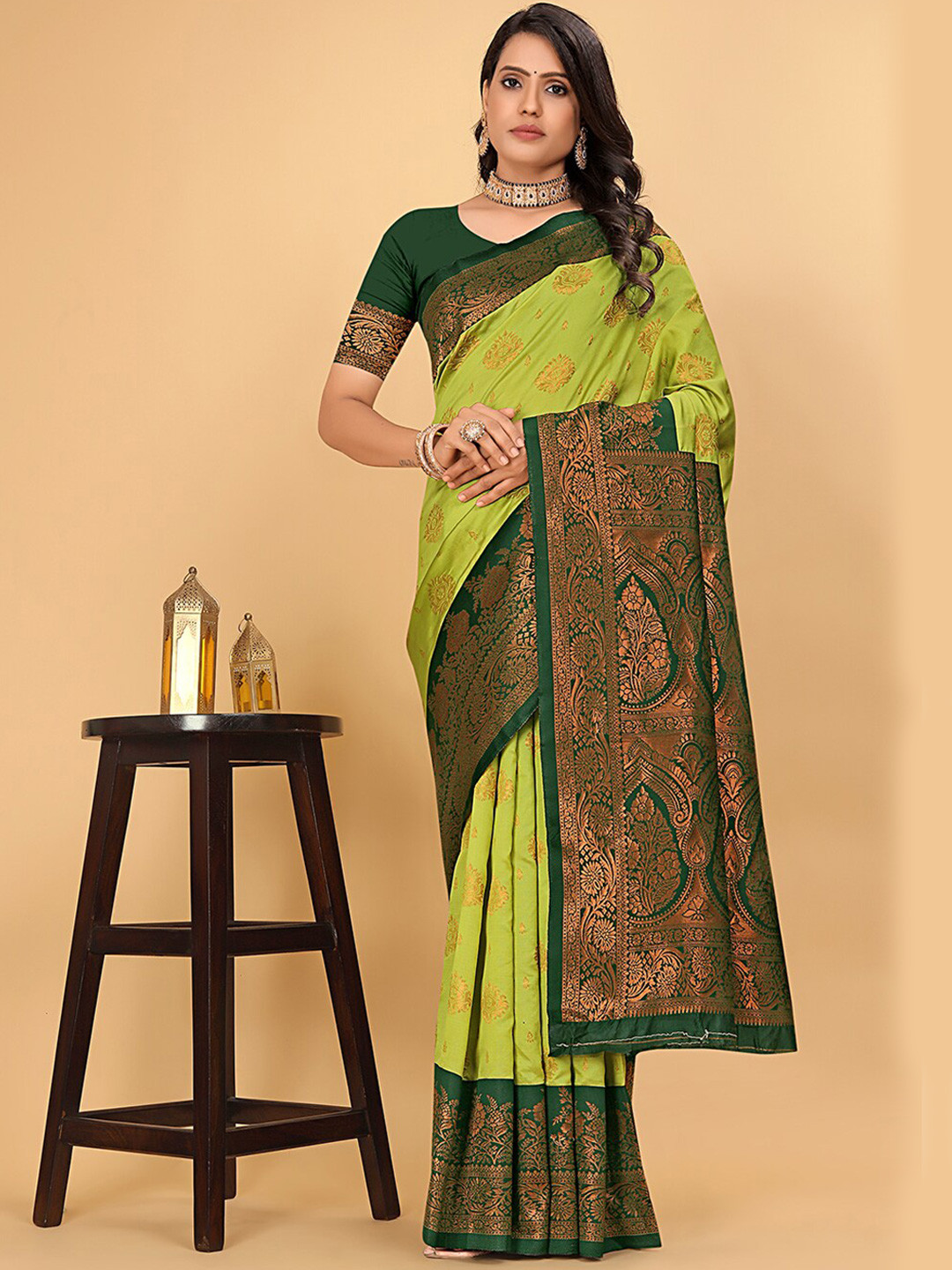 

Pionex Woven Design Pure Silk Zari Kanjeevaram Saree, Green