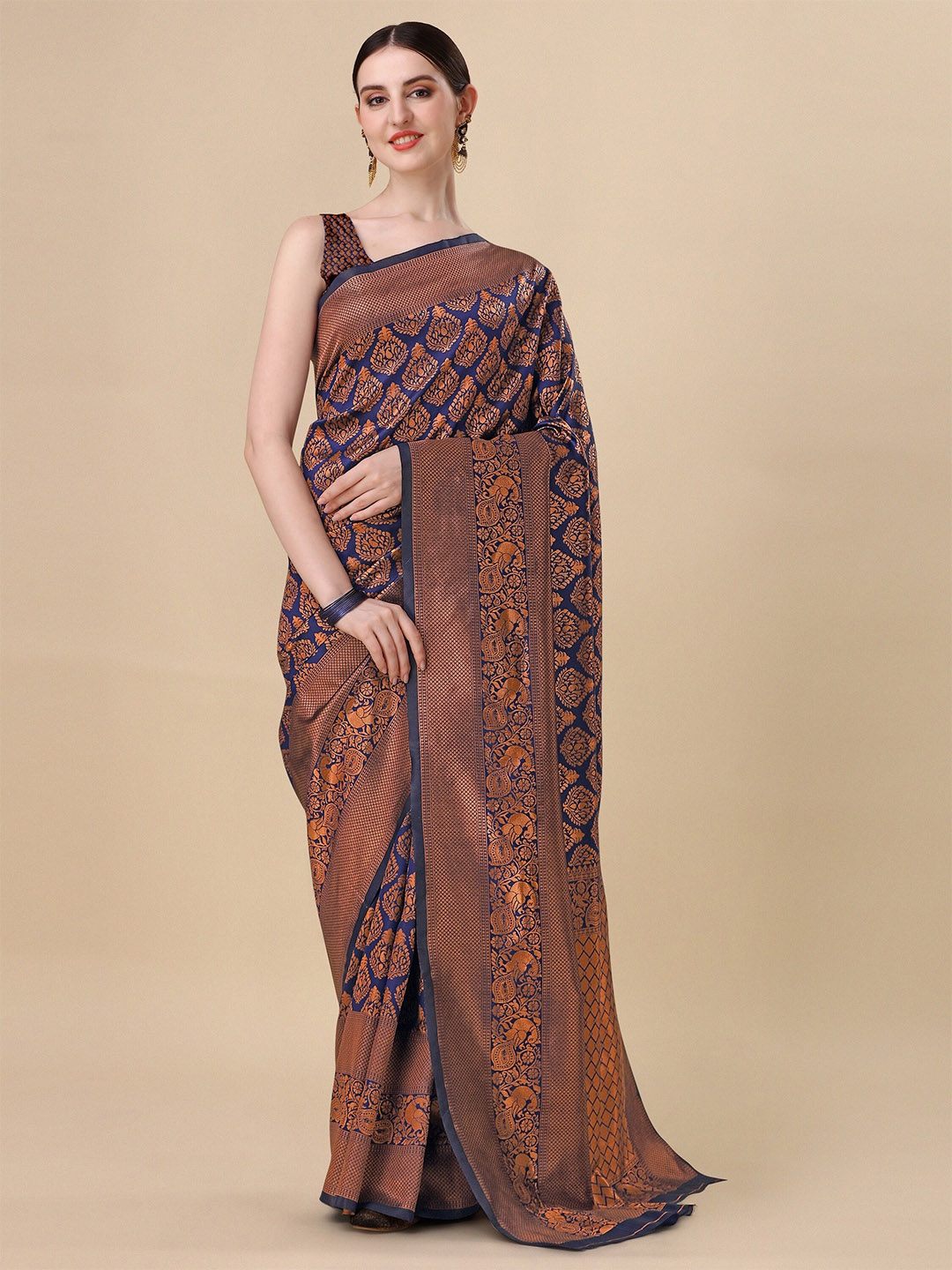 

Ashiya Fab Ethnic Motifs Woven Design Zari Kanjeevaram Saree, Navy blue