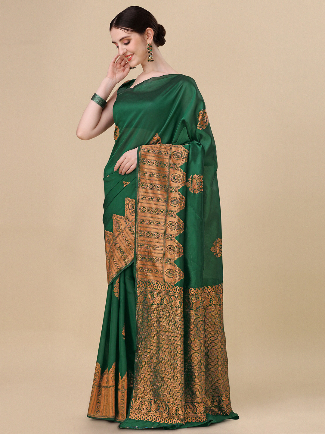 

Ashiya Fab Ethnic Motifs Woven Design Zari Kanjeevaram Saree, Green
