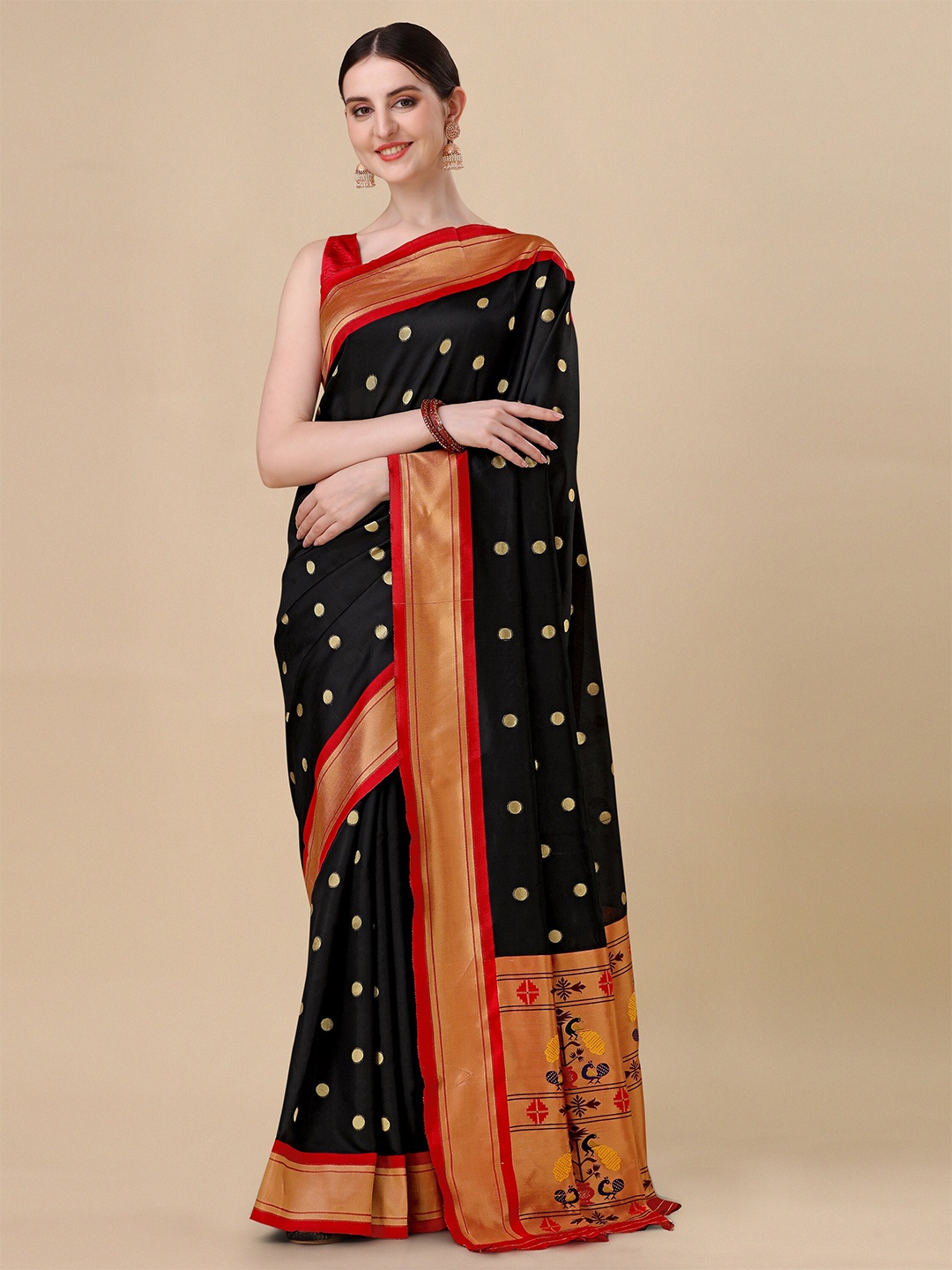 

Ashiya Fab Polka Dots Woven Design Zari Kanjeevaram Saree, Black