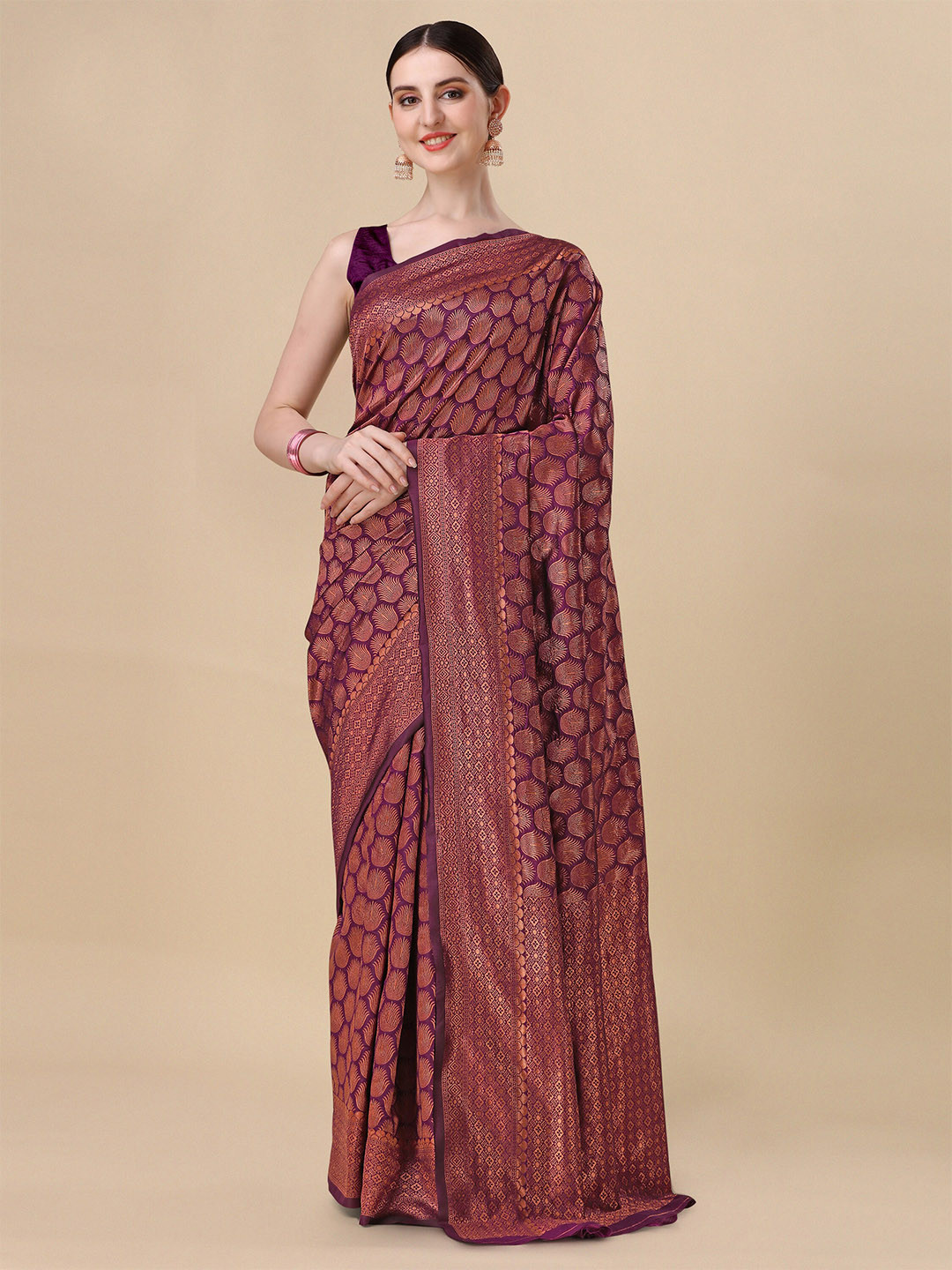 

Ashiya Fab Ethnic Motifs Woven Design Zari Kanjeevaram Saree, Purple