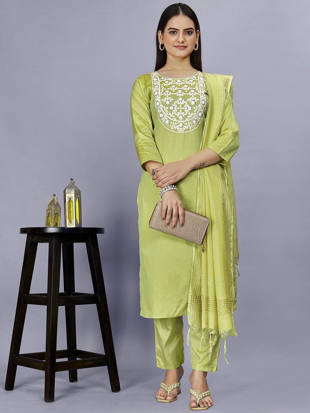 

AMRUTVARSHA CREATION Floral Thread Work Round Neck Kurta With Palazzos And Dupatta, Lime green