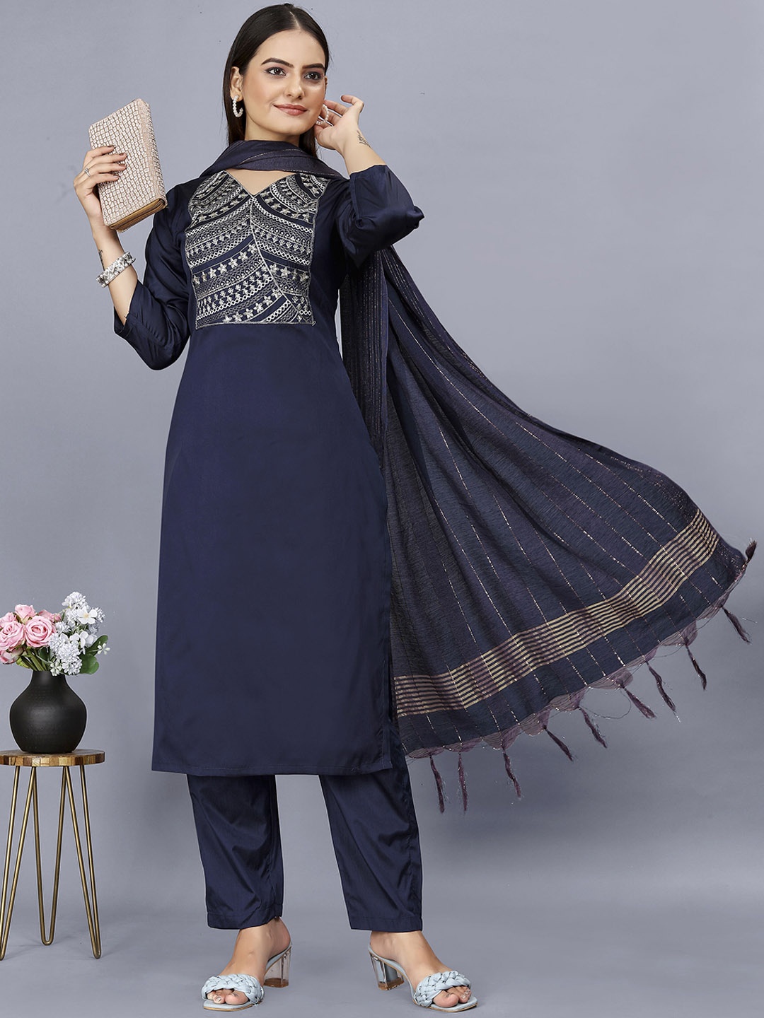 

AMRUTVARSHA CREATION Floral Embroidered V-Neck Straight Kurta with Palazzos & Dupatta, Navy blue