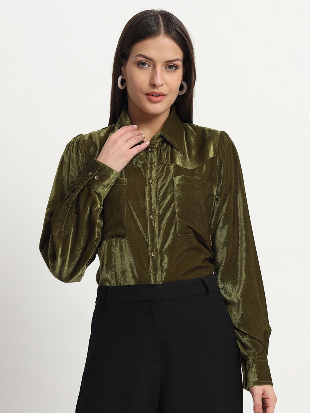 

ISAM Spread Collar Opaque Casual Shirt, Olive