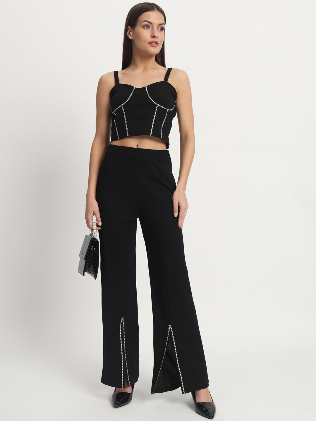 

ISAM Sweet Heart Neck Crop Top With Mid-Rise Trouser Co-Ords, Black