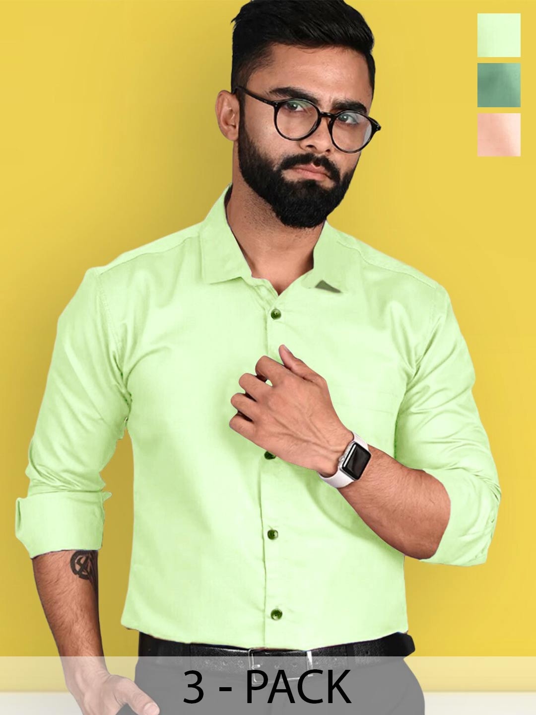 

7Threads Pack Of 3 Standard Spread Collar Long Sleeves Formal Shirt, Green