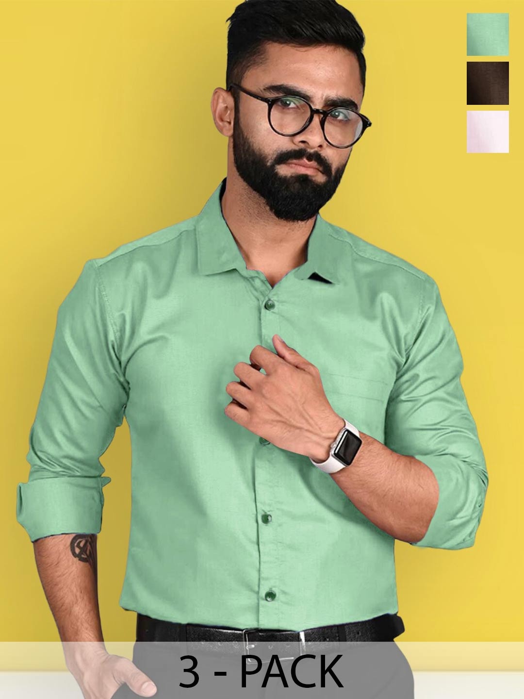 

7Threads Pack Of 3 Standard Spread Collar Long Sleeves Formal Shirt, Green