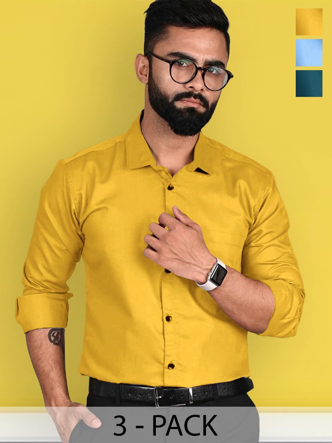 

7Threads Pack Of 3 Standard Spread Collar Long Sleeves Formal Shirt, Mustard