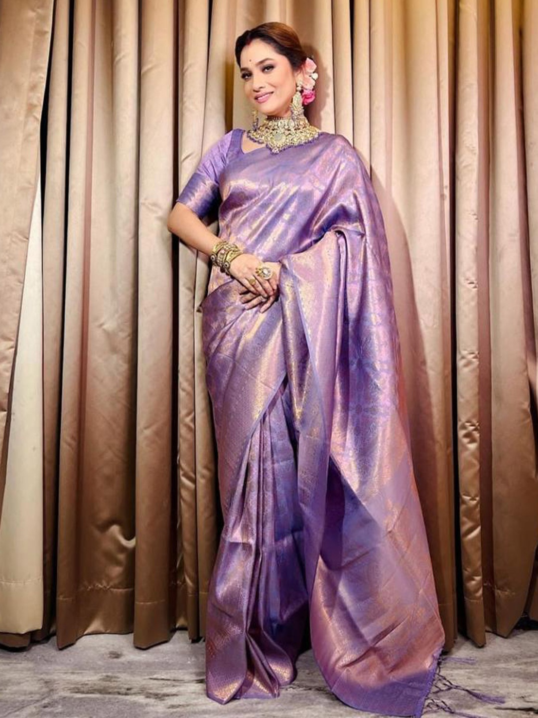 

DIVASTRI Ethnic Motifs Woven Design Zari Pure Silk Kanjeevaram Saree, Purple