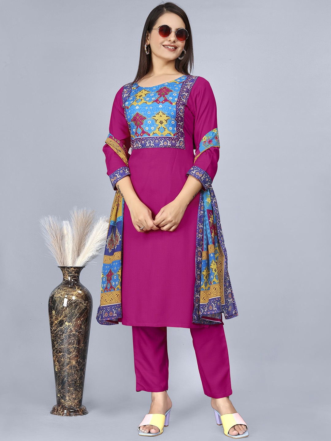 

AMRUTVARSHA CREATION Printed Round Neck Straight Kurta with Palazzos & Dupatta, Pink