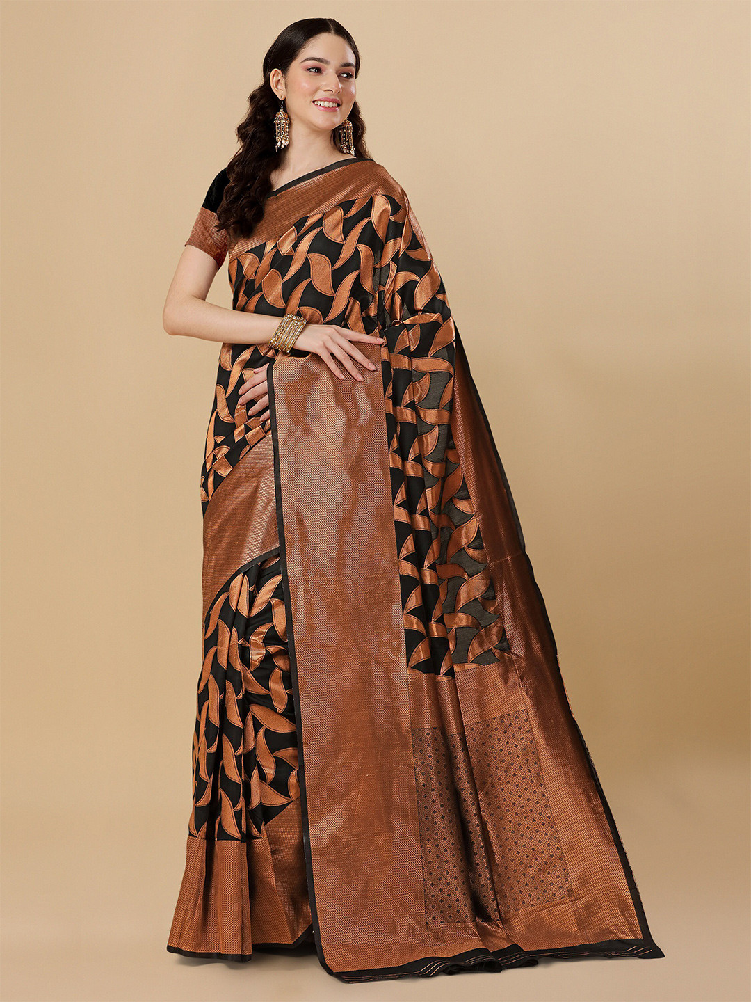 

Ashiya Fab Geometric Woven Design Zari Kanjeevaram Saree, Black