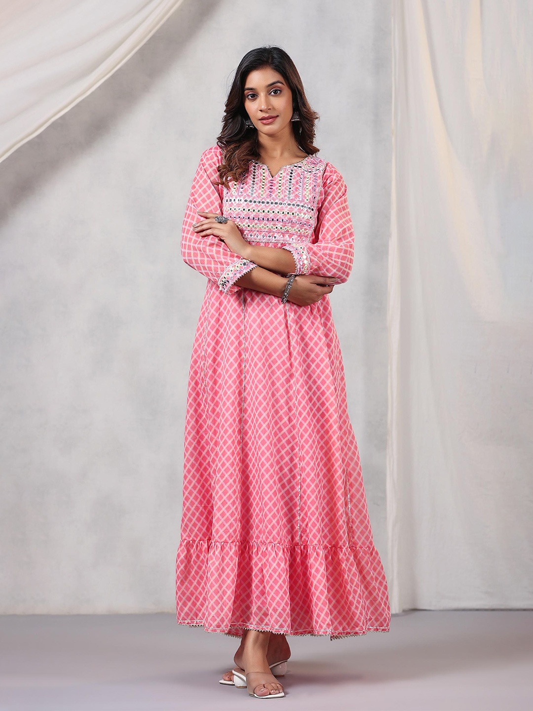 

Amirah s Geometric Printed Fit & Flare Maxi Pure Cotton Ethnic Dress, Pink