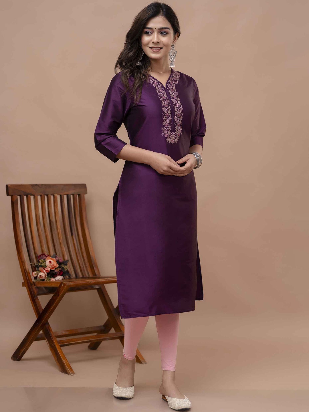 

KALINI Embroidered Regular Thread Work V-Neck Straight Kurta, Purple
