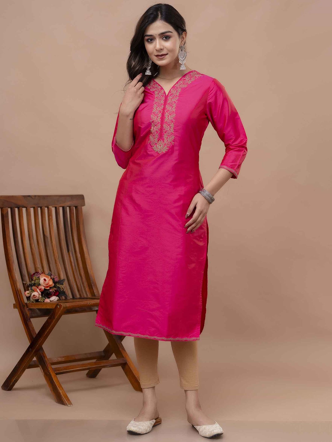 

KALINI Embroidered Regular Thread Work V-Neck Straight Kurta, Pink