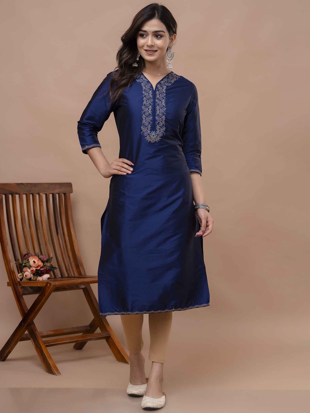 

KALINI W Embroidered Regular Thread Work V-Neck Straight Kurta, Blue