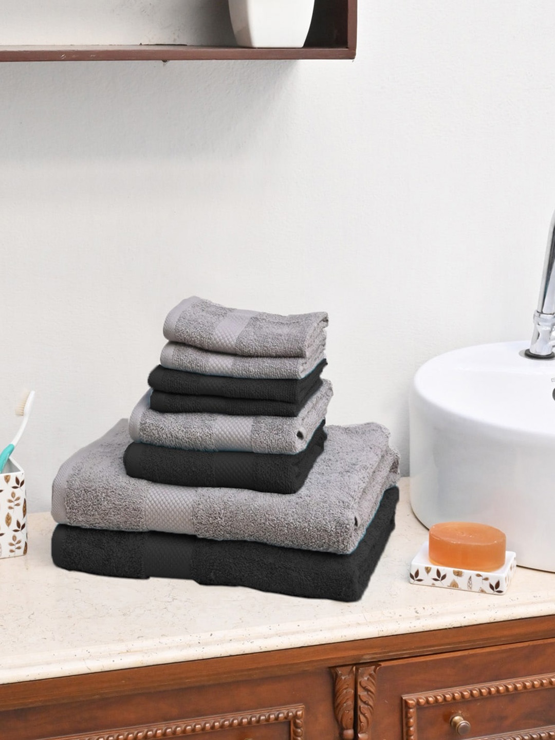 

AVI Living Black & Grey 8 Pieces Self Design Pure Cotton 500 GSM Towel Set