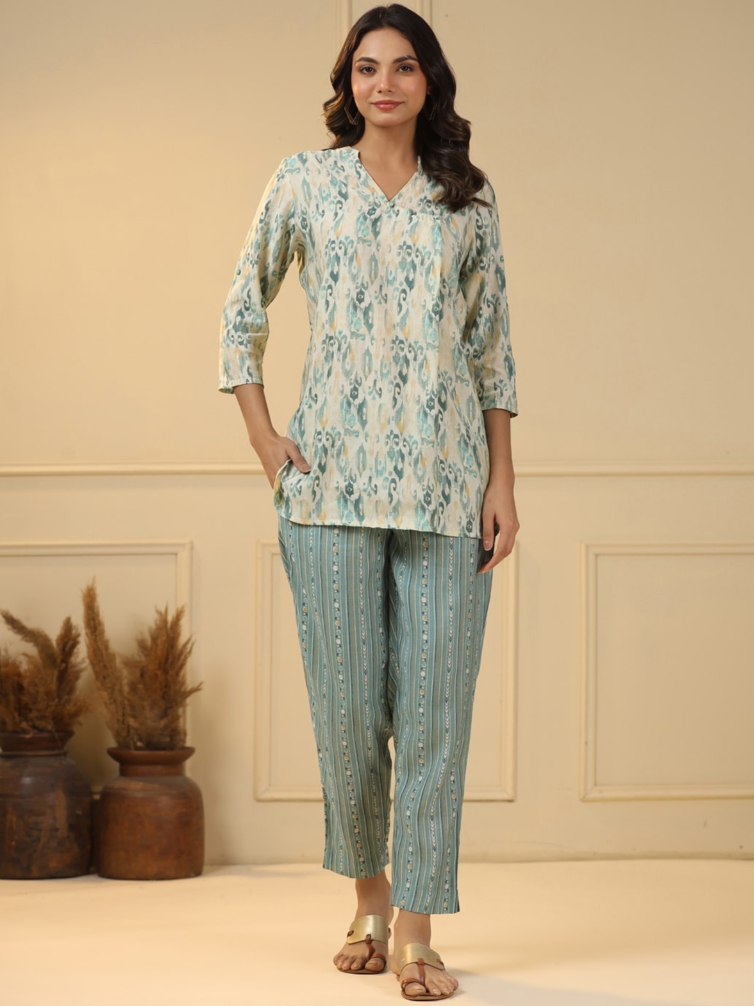 

mirari Printed Mandarin Collar Pure Cotton Top & Trousers, Sea green