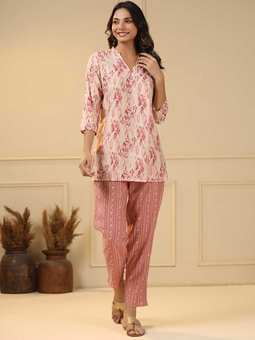 

mirari Printed Mandarin Collar Pure Cotton Top & Trousers, Pink