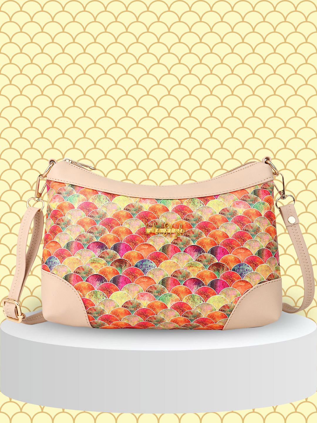 

LIKE STYLE Geometric Printed Structured Sling Bag, Beige