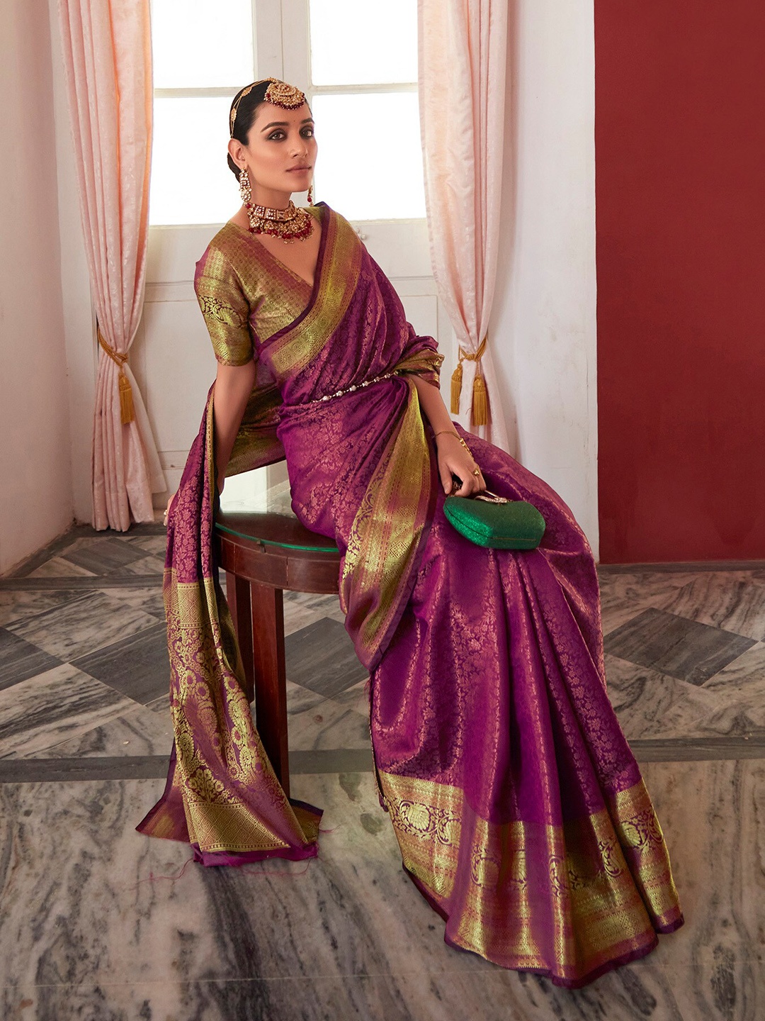 

elora Ethnic Motifs Woven Design Zari Kanjeevaram Saree, Purple
