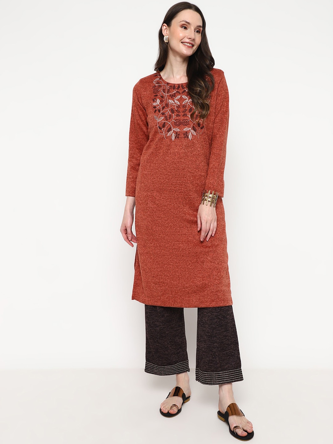 

Be Indi Women Round Neck Floral Straight Acrylic Side Slits Regular Kurta, Rust