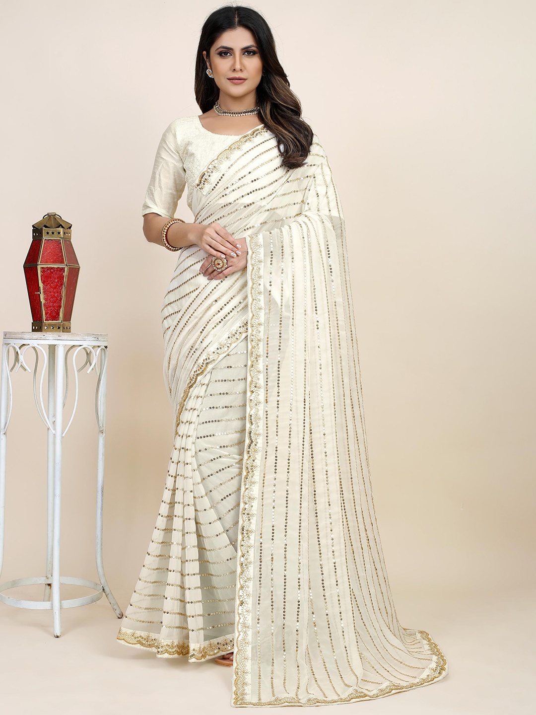 

Ekasya Striped Embellished Sequinned Saree, White