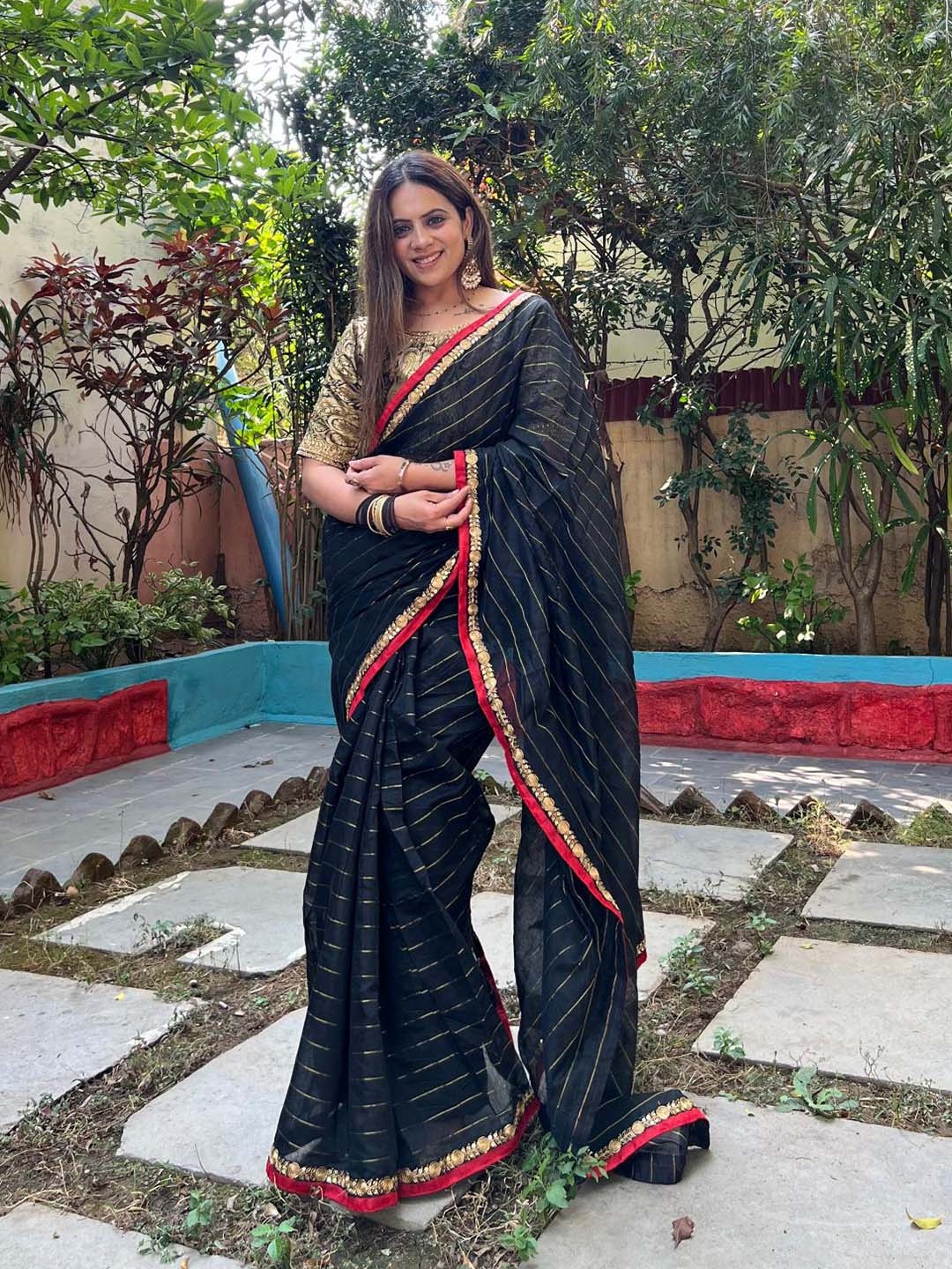 

Ekasya Striped Silk Cotton Chanderi Saree, Black