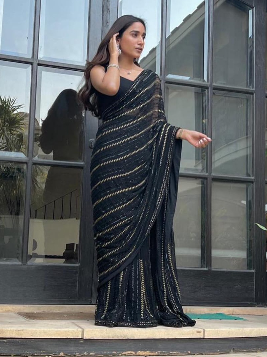 

Ekasya Striped Embellished Sequinned Saree, Black