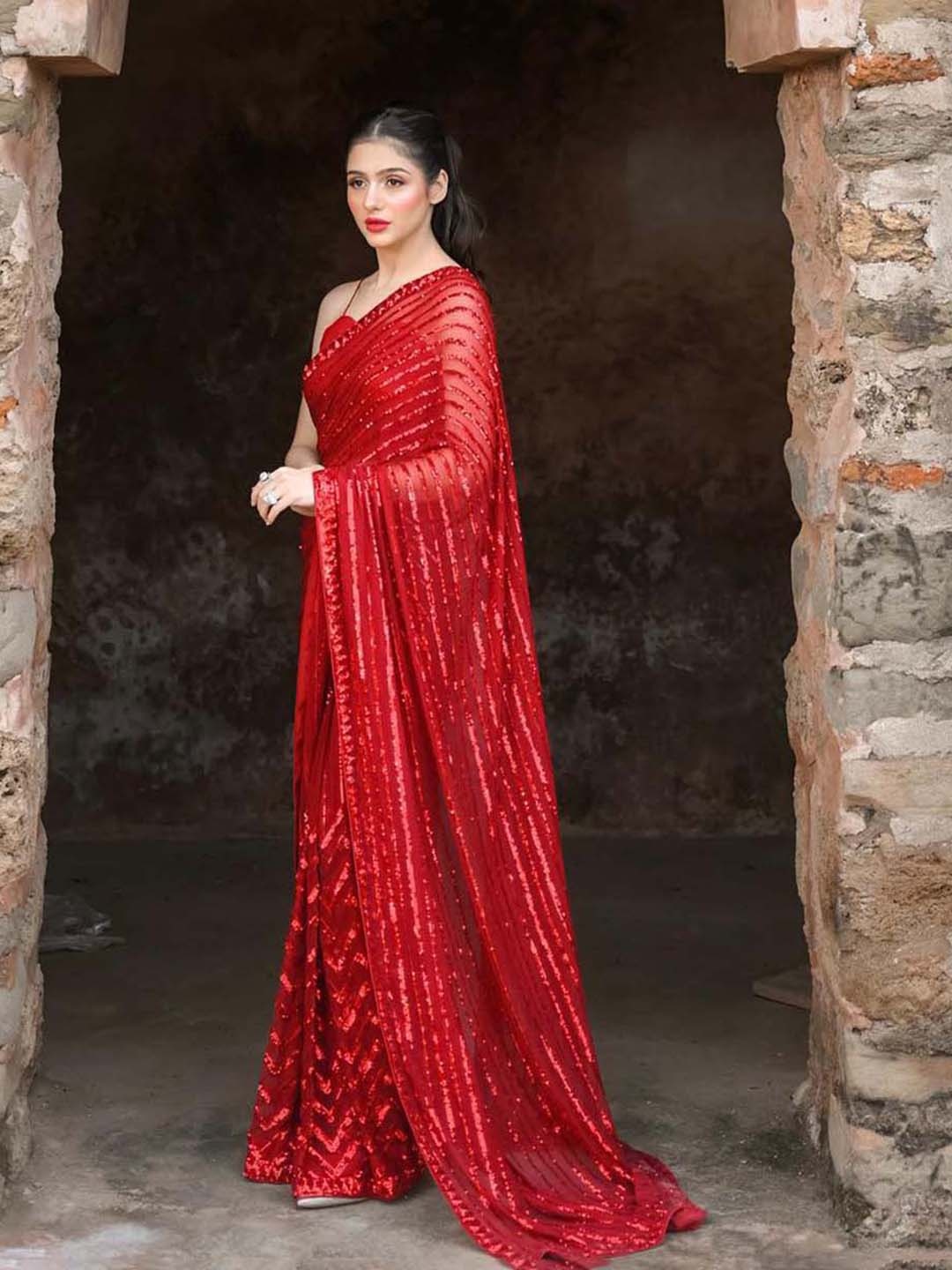

Ekasya Striped Embellished Sequinned Saree, Red