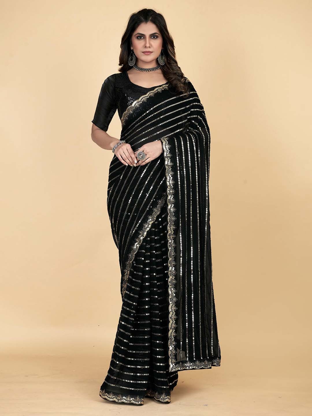 

Ekasya Striped Embellished Sequinned Saree, Black