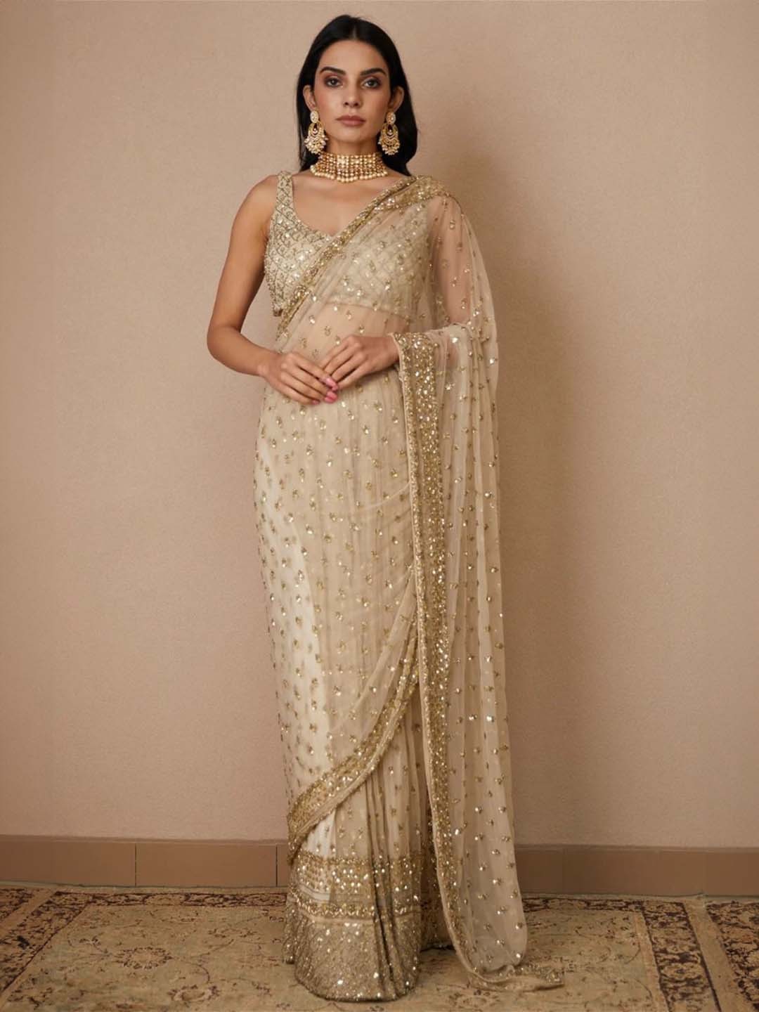 

Ekasya Embellished Sequinned Net Saree, Off white