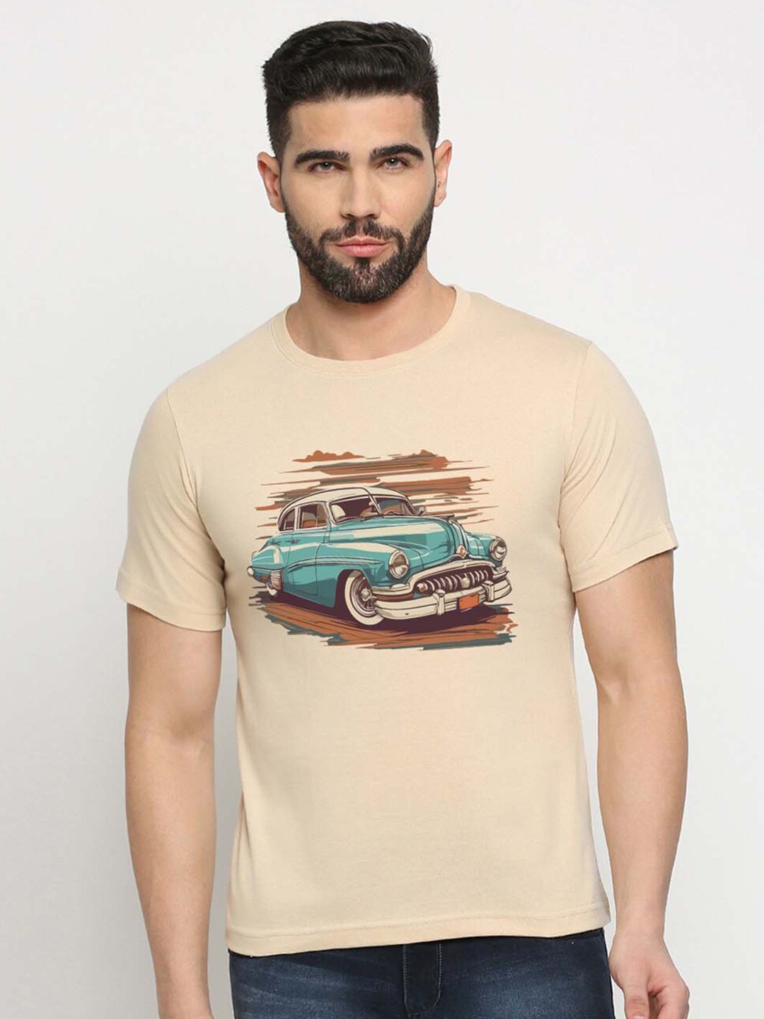 

MOD ECRU Unisex Vintage Car Printed Cotton T-shirt, Cream