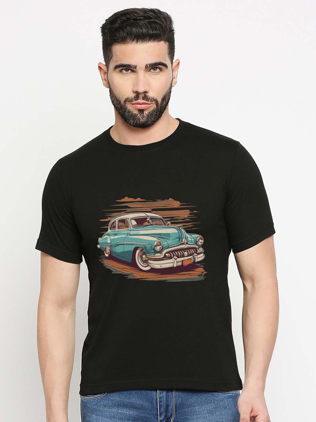 

MOD ECRU Unisex Vintage Car Printed Cotton T-shirt, Black