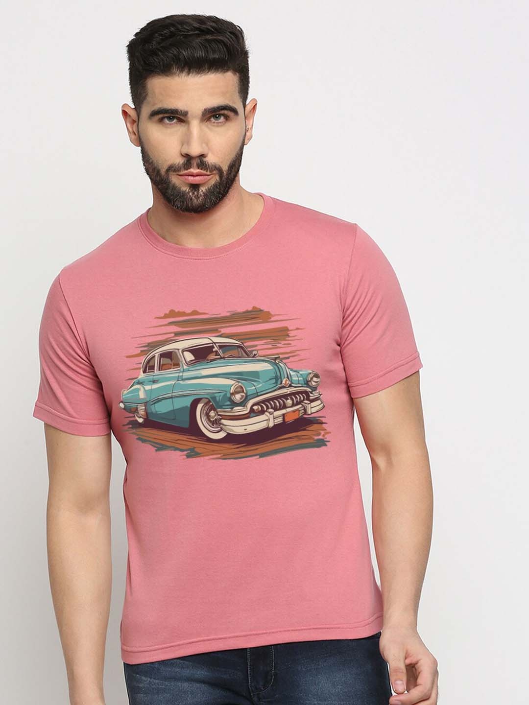 

MOD ECRU Unisex Vintage Car Printed Cotton T-shirt, Pink