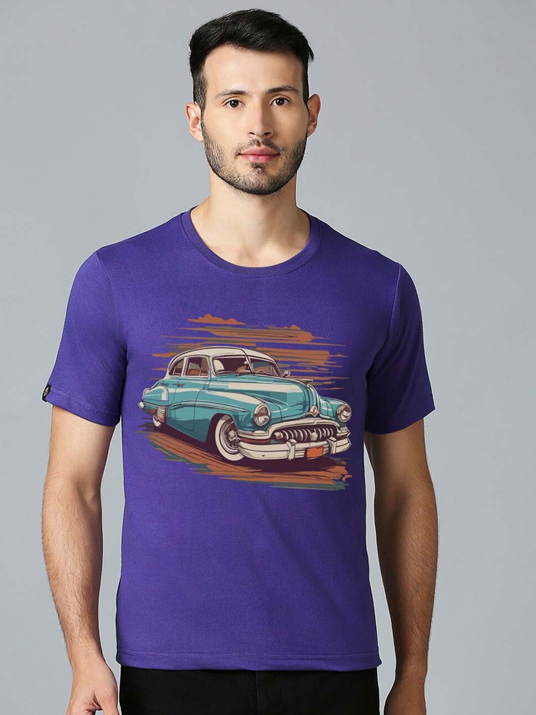 

MOD ECRU Unisex Vintage Car Printed Cotton T-shirt, Purple