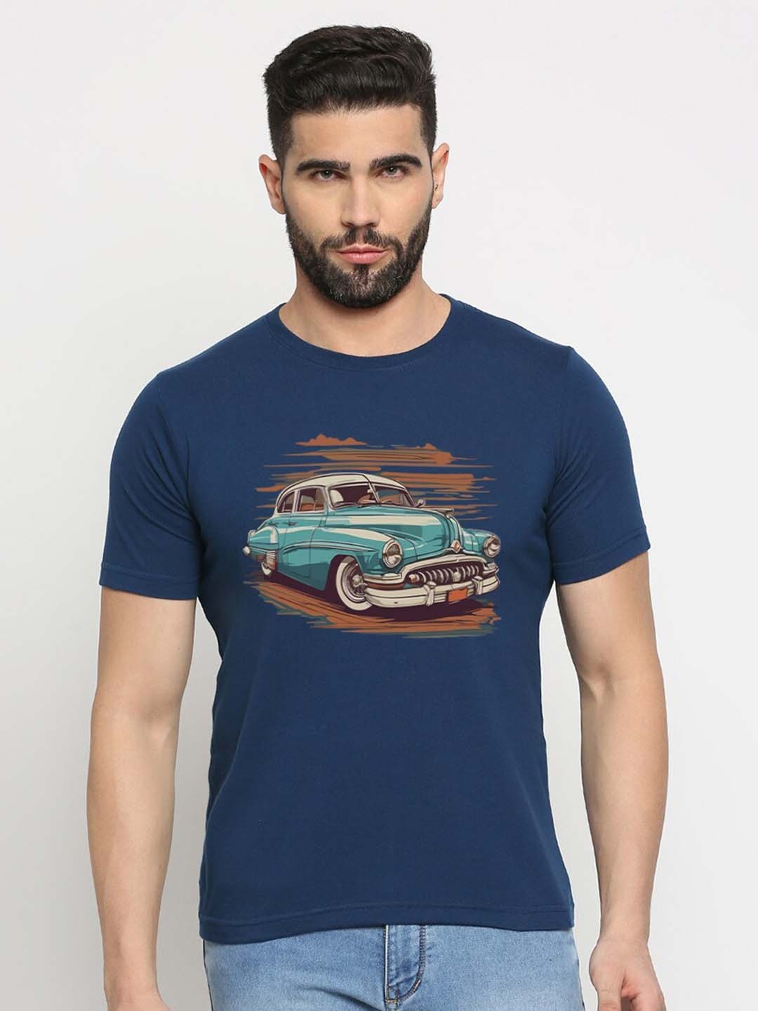 

MOD ECRU Unisex Vintage Car Printed Cotton T-shirt, Navy blue