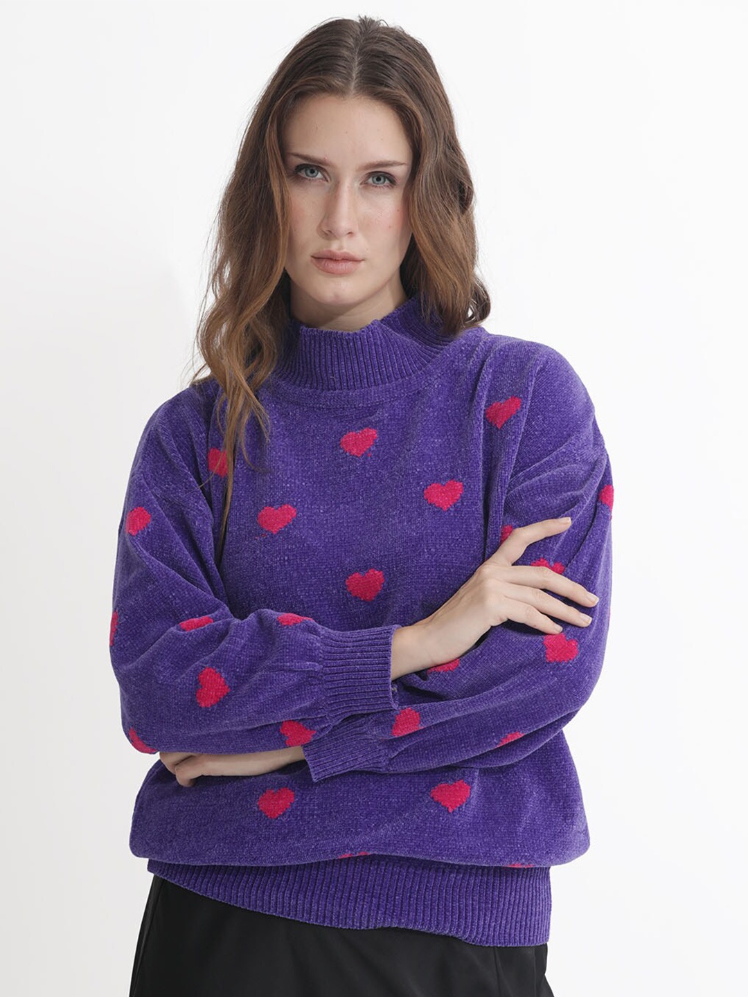 

RAREISM Conversational Self Design Turtle Neck Pullover Sweater, Purple