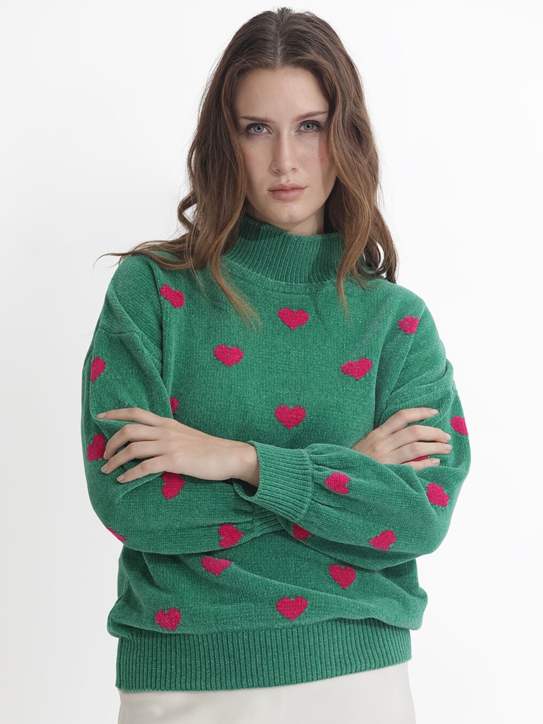 

RAREISM Conversational Self Design Turtle Neck Pullover Sweater, Green