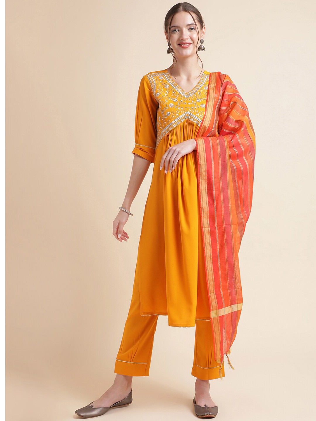 

NAINVISH Embroidered Thread Work Straight Kurta with Trousers & Dupatta with Tassels, Mustard