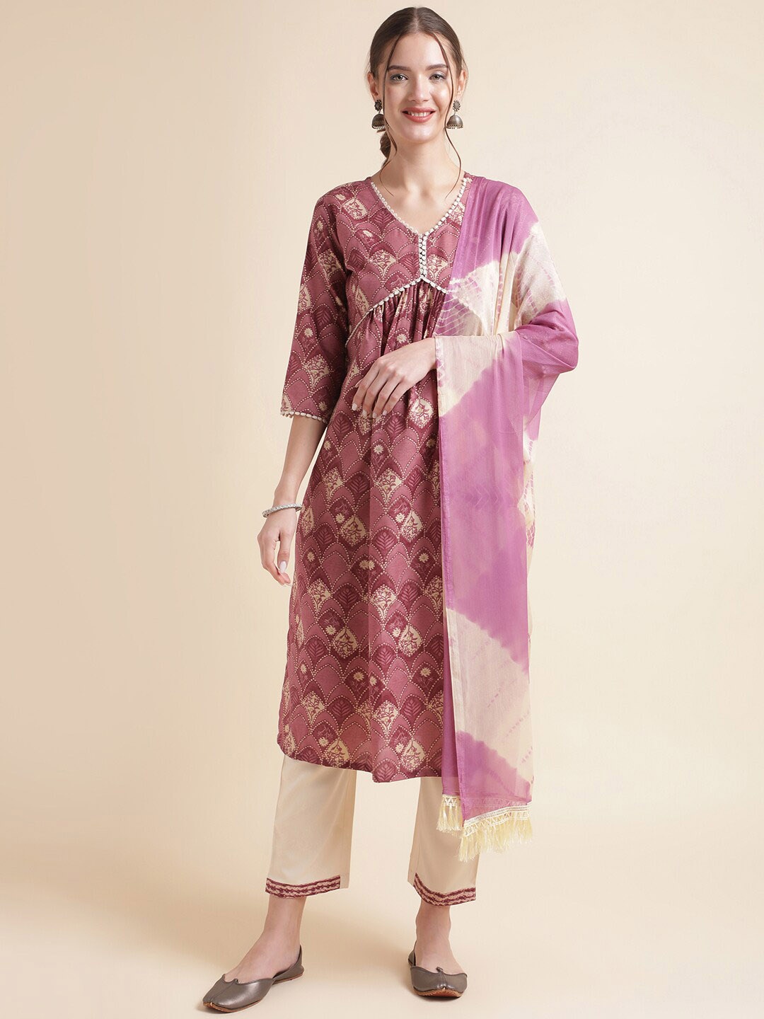 

NAINVISH Ethnic Motifs Printed Thread Work V-Neck Straight Kurta with Trousers & Dupatta, Maroon